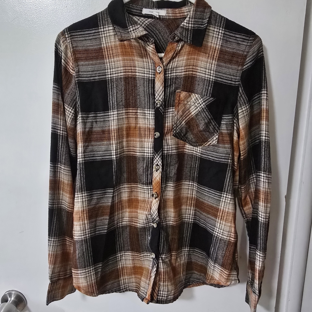 Maurices Plaid Flannel Shirt Womens XS Brown Black Button Up Long Sleeve Casual